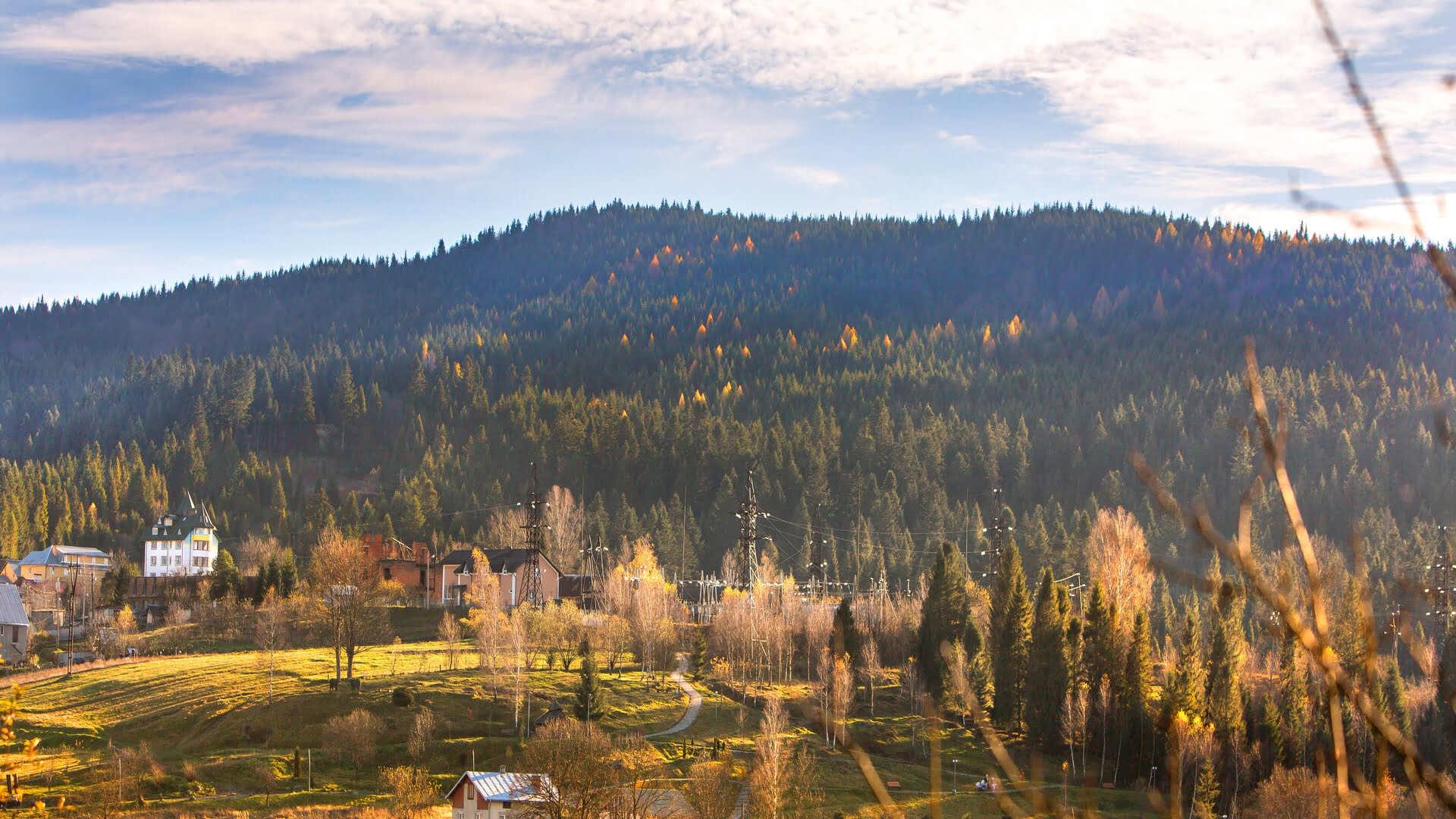 Фонове зображення готелю, лісу та гір